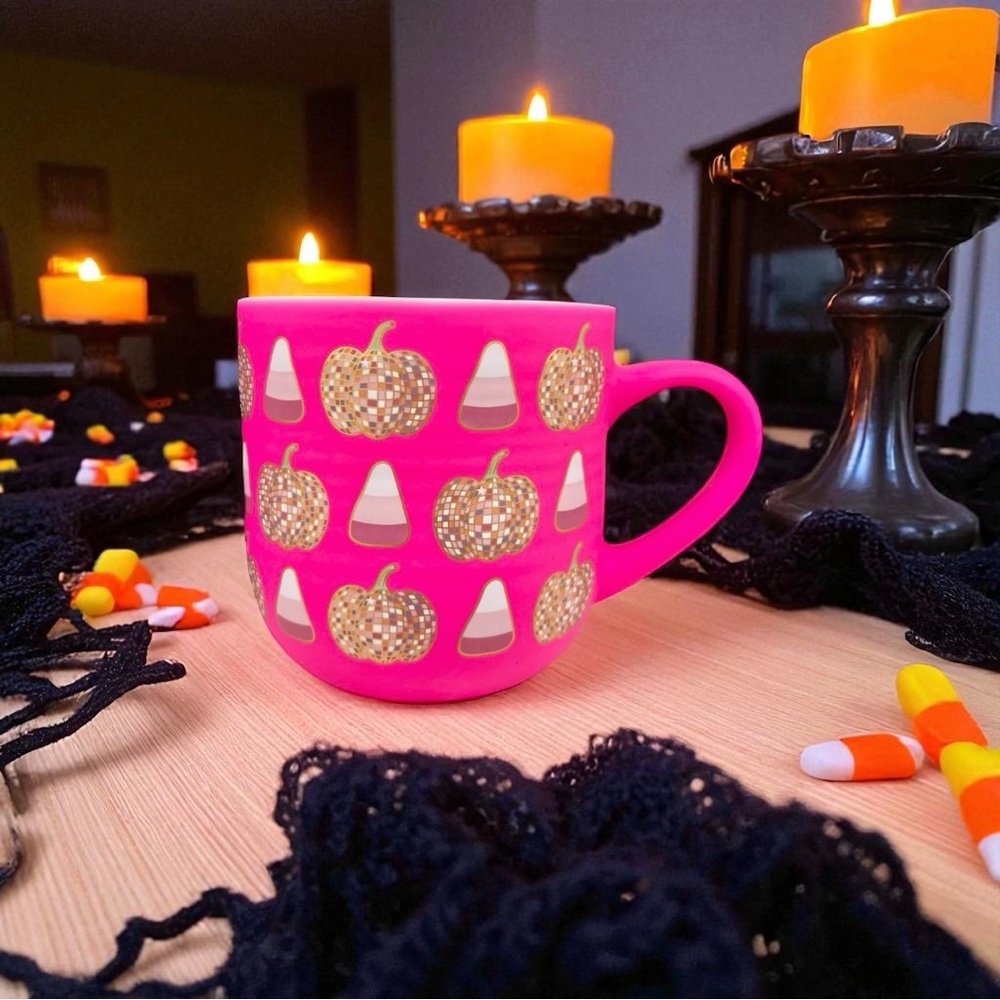 Neon Pink Autumn Halloween Pumpkin Soft Touch Matte Ceramic Mug Cup Gift New - Picture 2 of 14